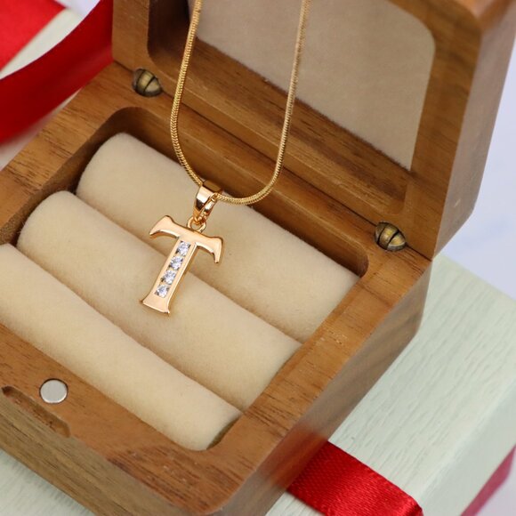 "Rose Gold Initial T Pendant with Crystals – Elegant Brass Jewelry, XPPT1369 - Picture 7 of 13